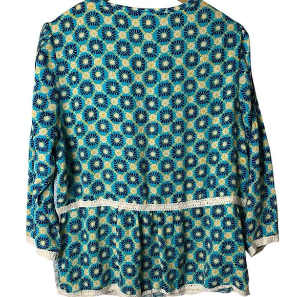 Matilda Jane Top Women's Medium Blue Yellow Kaleidoscope Cottagecore Peasant - Picture 2 of 6